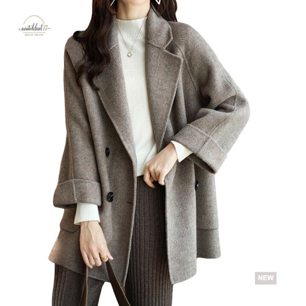 Women's Wool Pea Coat Double Breasted Loose Fit Winter Overcoat